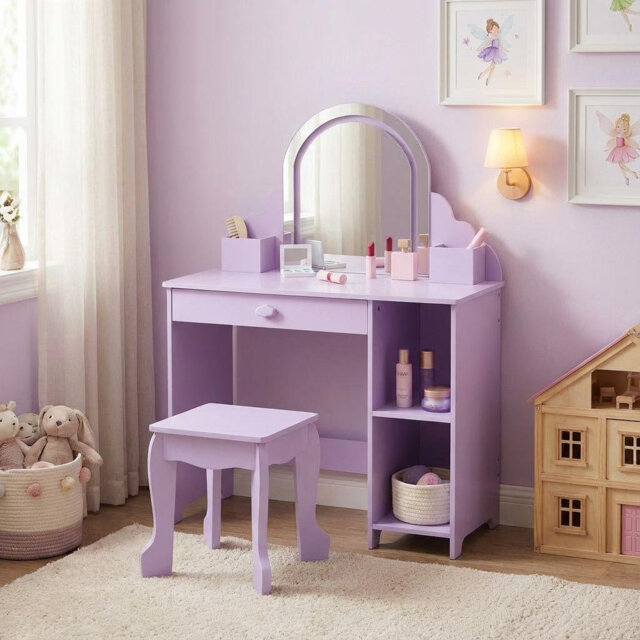 Kids Vanity Table and Chair Set, Girls Dressing Table with Storage Shelves & Drawer, Children Study Desk with Storage Grids