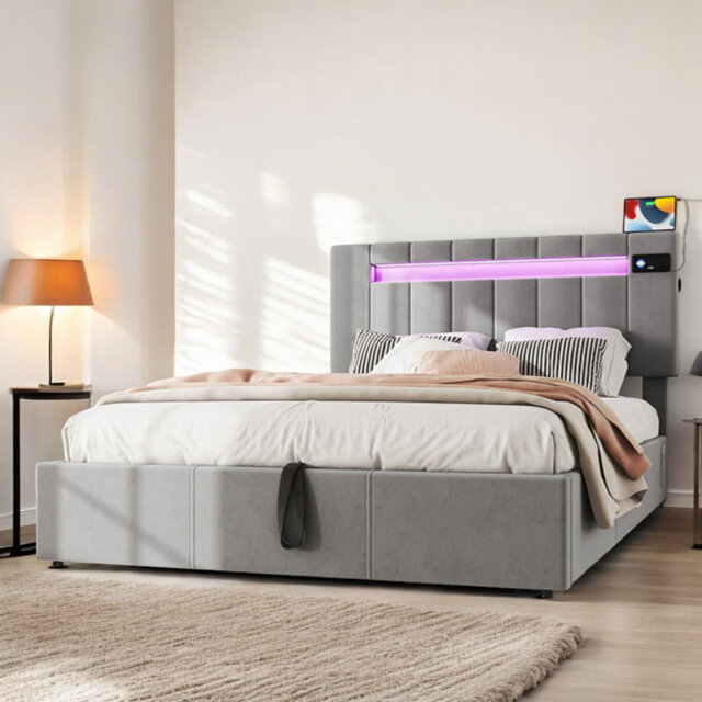 4Ft6 Double Bed Grey Velvet Upholstered Bed With 7 Colors LED-Light Strips