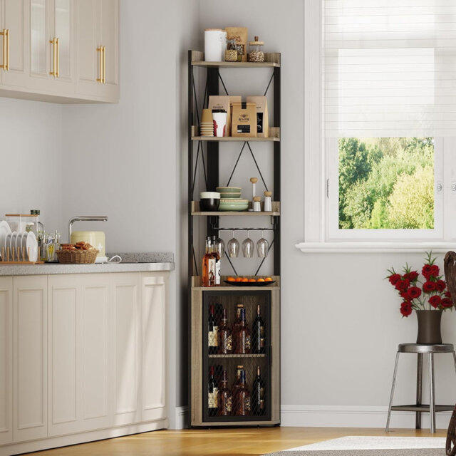 Corner Bar Cabinet with Glass Holder, 4-Tier Liqueur Cabinet, Industrial Wine Rack, Wine Storage Sideboard, Freestanding Corner Shelf, Display Storage