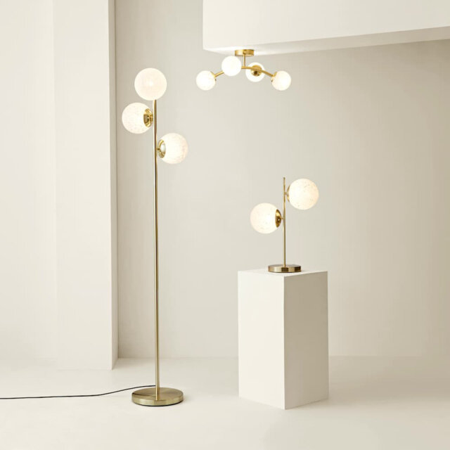 Alcivar Gold 3 Way Floor Lamp with White Confetti Glass Globe Shades
