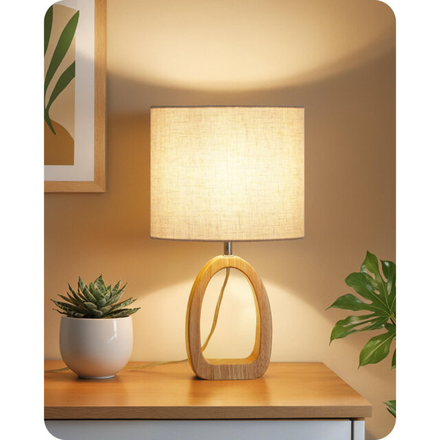 Table Lamp, Wood Bedside Lamp With Ring-Shaped Base And Linen Lampshade, Modern Desk Lamp With Cable, E27 Base, 2700K LED Bulb Included, For Living Ro