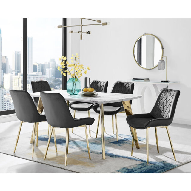 Anders Modern High Gloss Marble Effect Dining Table Set with 6 Luxury Velvet Dining Chairs