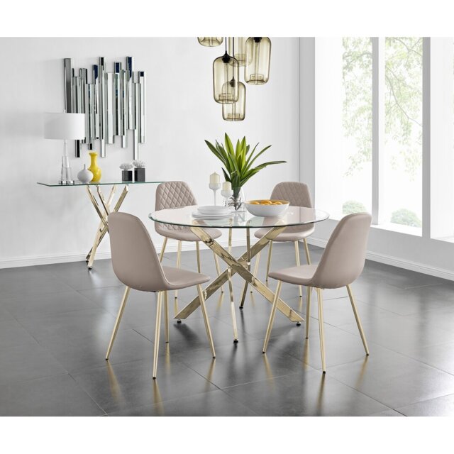 Tierra Modern Chrome Metal & Glass Round Dining Table Set with 4 Luxury Faux Leather Chairs