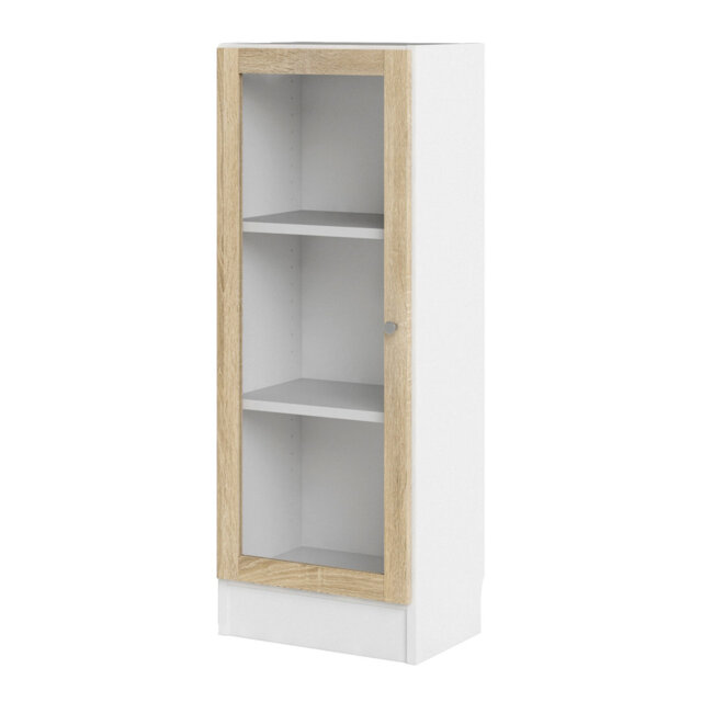 Basic Low Narrow Display Cabinet in White (2 Shelves) with Glass Oak Door