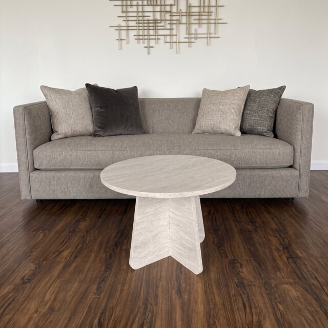 Round Travertine Effect Coffee Table – Cross Leg Side Table for Living Room, Lounge & Conservatory