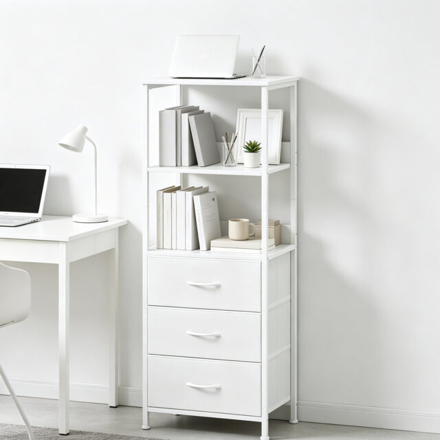 Modern 5-Tier White Bookcase with 3 Removable Fabric Drawers