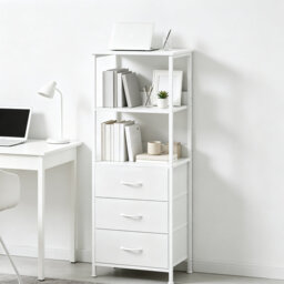 Modern 5-Tier White Bookcase with 3 Removable Fabric Drawers