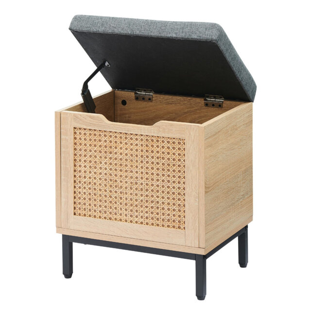 Natural Rattan Chest with Flipping Lid Design, Shoe Storage Bench with Cushion, Wooden Entryway Organizer for Front Door, Bedroom, Living Room, Hallwa