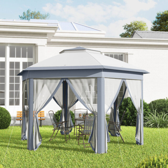 3 x 4m Grey Hexagon Gazebo with Powder Coated Metal Frame, Mesh Curtains, Vented Roof and Carry Bag for Outdoor Patio and Garden Use