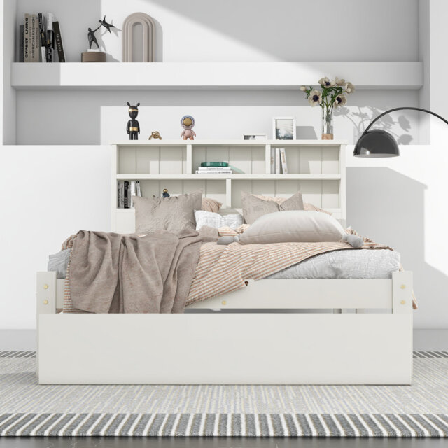 Storage Bed with Bookshelf Headboard and Underbed Drawer, Single 3FT Frame 90x190 cm, White Bed with Shelves for Bedroom Organization