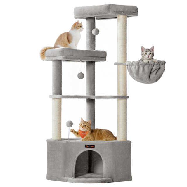 Cat Tree Tower, 48.5 X 48.5 X 140.7 Cm, Cat Condo With Large Cave, Large Perches, Scratching Posts, Pompoms, Basket, Dove Grey