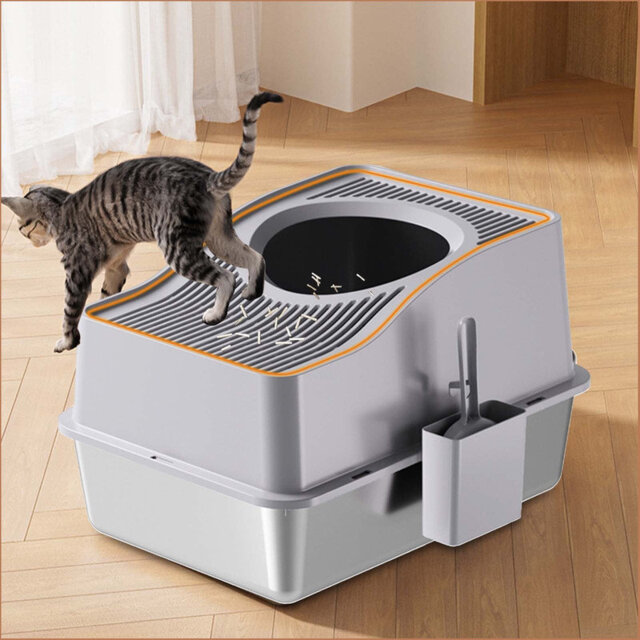 Stainless Steel Fully Enclosed Cat Litter Box With Hollow Lid And Heightened Lid To Prevent Splashing And Carry-Out, Top-Entry Deodorizing Cat Toilet