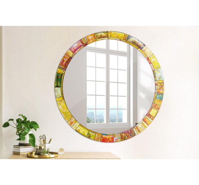 Huldar Round Glass Framed Wall Mounted Accent Mirror in Yellow/Orange/Pink