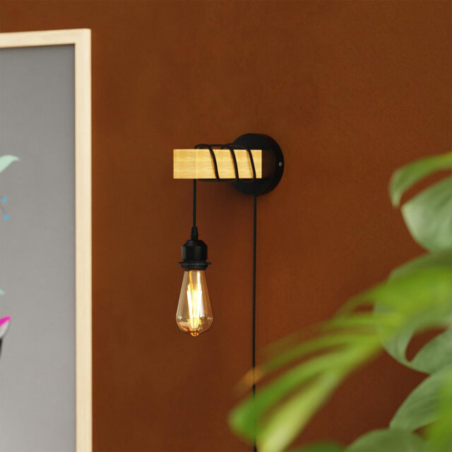 Industrial Wall Lights Plug in Wall Light with Switch Indoor Dimmable Wall Lamp Wood Wall Sconces for Bedroom Living Room Stair Kitchen