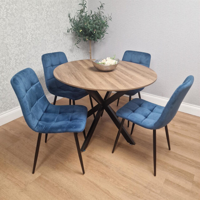 4 Seater Round Dining Table with Wood Effect Tabletop Black Metal X Shaped Legs & 4 Velvet Chairs for Kitchen Dining Room Furniture Set