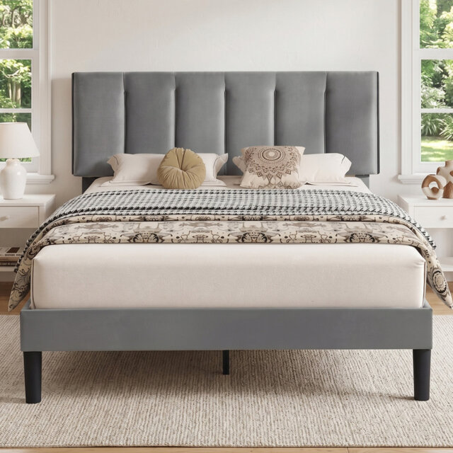 Double Size Platform Bed Frame With Adjustable Upholstered Headboard, Wooden Slats Support, No Box Spring Needed, Easy to Assembly