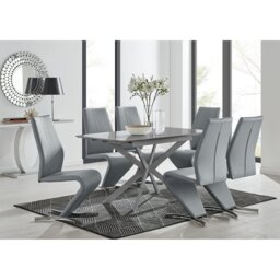 Eubanks Modern High Gloss Extendable Dining Table Set with x6 Luxury Faux Leather Dining Chairs