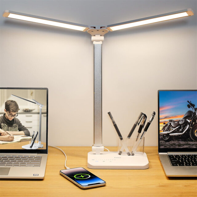 Dual Arm LED Desk Lamp, 5 Light Modes X 10 Brightness Levels, With USB Charging Port, 45 Minutes Auto Timer
