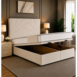 Kavel Divan Ottoman Storage Bed Frame with Geometric Panel Floor Standing Headboard & End Lift Storage