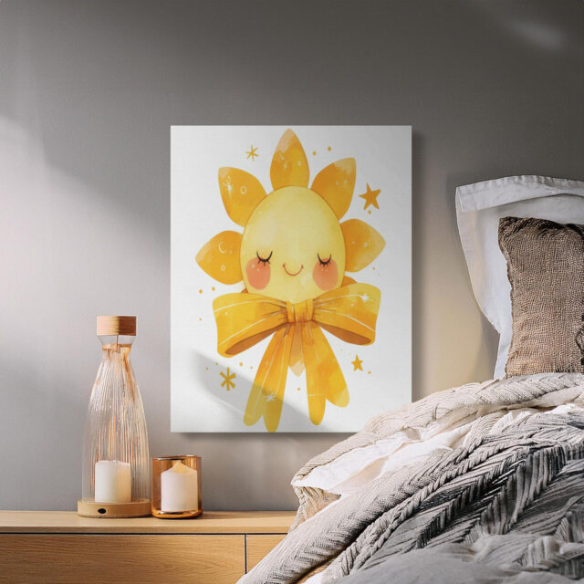 Cute Nursery Sun Canvas Art, Adorable Smiling Sunshine Wall Decor with Bow, Sweet Gender Neutral Baby Room Print, Whimsical Kids Gift Idea