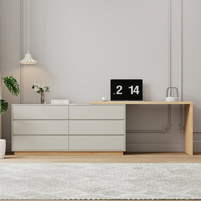 Multi-Purpose Adjustable Desk & Dressing Table - 160-250cm Extendable Top, 6 Drawers - Straight or L-Shape Setup for Living Room, Study & Bedroom