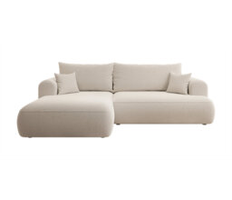Ovo L-shaped corner sofa bed with storage – beige, bouclé fabric, right-hand facing