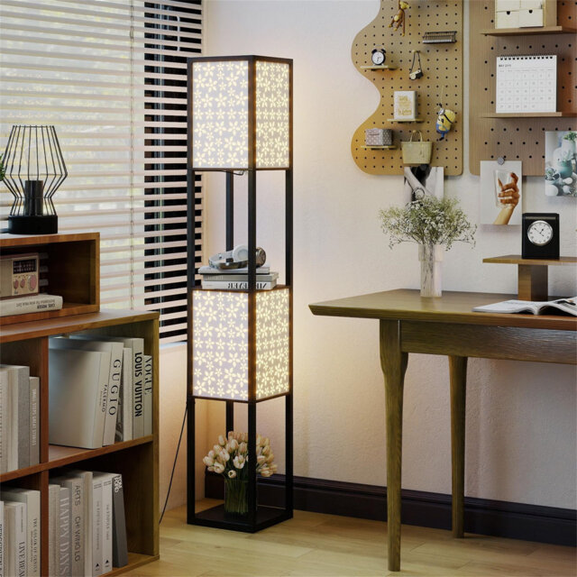 Floor Lamp With Shelves, 1/2 Lampshade Standing Light(Bulb Not Included)