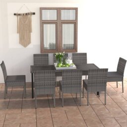 Rosalind Wheeler 9 Piece Outdoor Dining Set With Cushions Poly Rattan Grey, 1 Table, 8 Chair, 8 Seat cushion