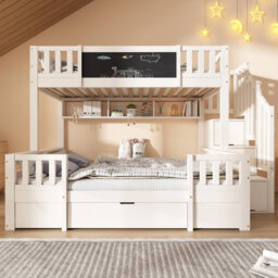 White Bunk Bed with Staircase, Drawers & Chalkboard, (90+135)x190cm, Solid Wood