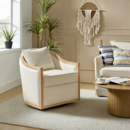 Meredy Farmhouse Swivel Barrel Chair with Solid Wood Edging