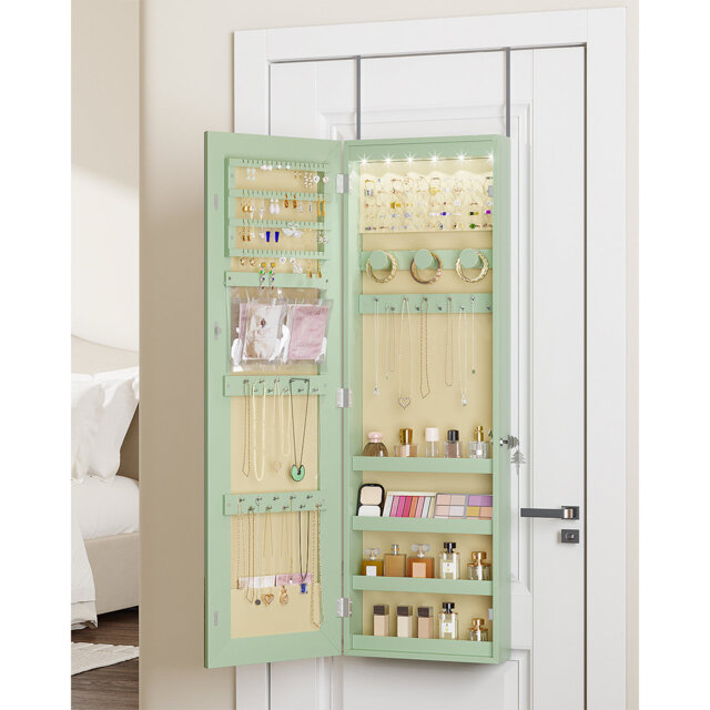 Jewelry Cabinets with Mirror and LED Lights, Door Hanging/Wall Mounted Jewelry Armoire