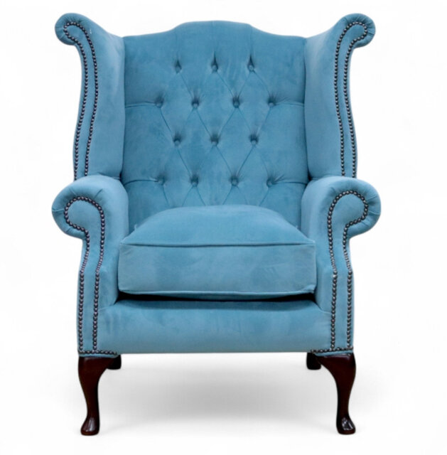 Special Offer Chesterfield Queen Anne High Back Wing Armchair Plush Airforce Blue Velvet Fabric