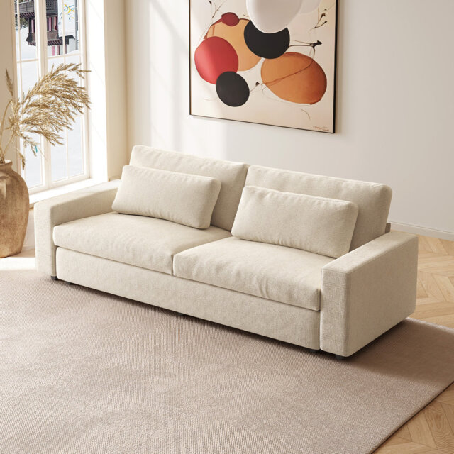 266cm Beige Fabric 3-Seater Sofa,Deep Seat Sofa with Thick Cushions and Soft Backrest for LivingRoom