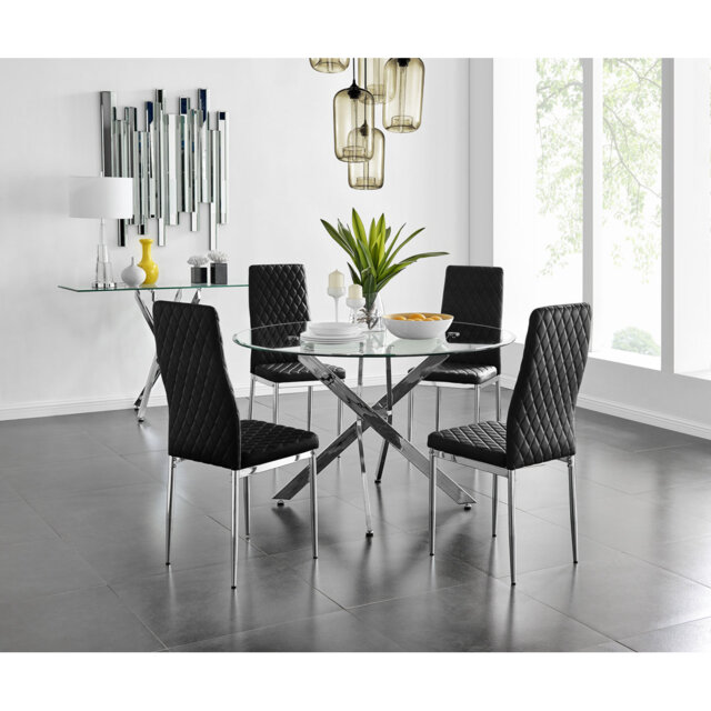 Bernell Modern Chrome Metal & Glass Round Dining Table Set with 4 Quilted Velvet Chairs