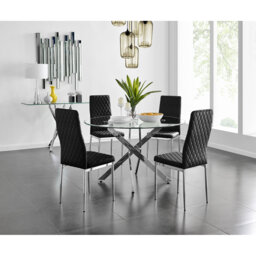 Bernell Modern Chrome Metal & Glass Round Dining Table Set with 4 Quilted Velvet Chairs