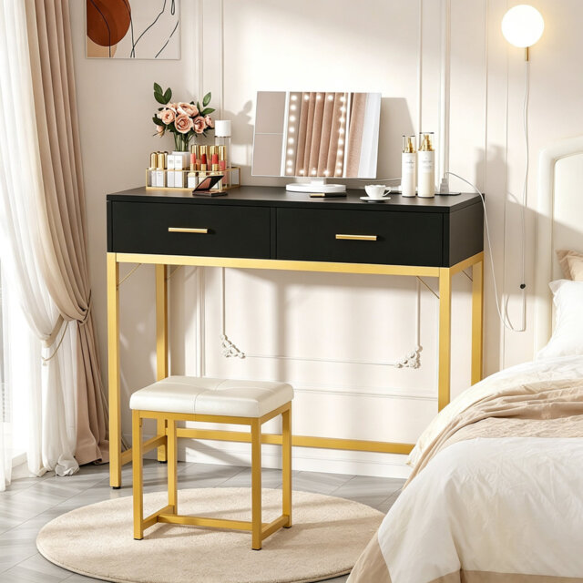Black 36 Inch Vanity Dressing Table Set with Mirror, LED Lights, Power Strip, Drawers and Matching Stool, Bedroom Makeup Desk