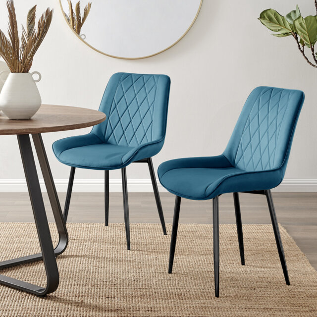 Palermo Velvet Modern Dining Chairs with Tapered Metal Legs & Quilted Diamond Stitching