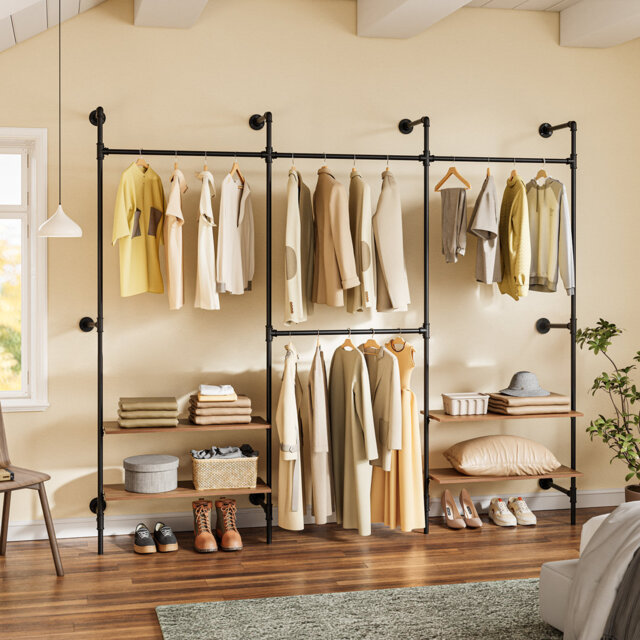 Wall-Mounted Clothes Rail, Clothes Rack Open Wardrobe With Fixed Pipe Design, 4 Hanging Rails & 4 Shelves, Heavy Duty Garment Rack Storage Organiser F