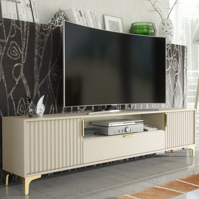 Cashmire 200 CM TV Unit - Gold Accents - Fluted Fronts - Modern Retro Media Cabinet
