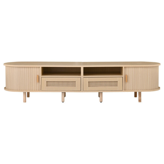 Oval TV Cabinet, Stylish Storage Sideboard with 2 Rattan Drawers & Sliding Doors for Modern Living Rooms