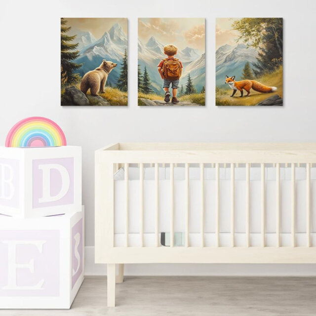 Explorers' Escape Framed Canvas Art Set Of 3, Boy's Adventure With Bear & Fox Prints, Mountainous Landscape Kids Room Decor, Woodland Animal Wall Art