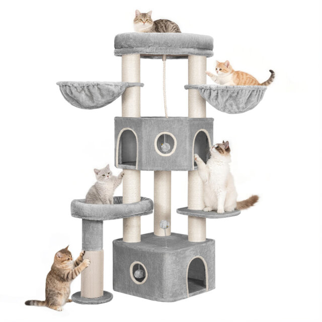 163cm Cat Tree, Suitable for Large Cats, Multi-Layer Cat Furniture Activity Center, Cat House Cave, Scratching Post, Cat Bed, Pompom, Lookout