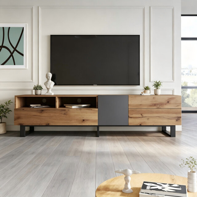 Oak Effect TV Stand,Low Media Console with Cable Cutouts for TVs Up To 80 Inch