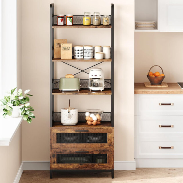 "Bookshelf with Drawers Industrial Bookcase with 4 Tiers Open Storage Shelves Rustic Bookshelves 70.87"" Tall Display Racks Farmhouse Bookshelf for Bedr"