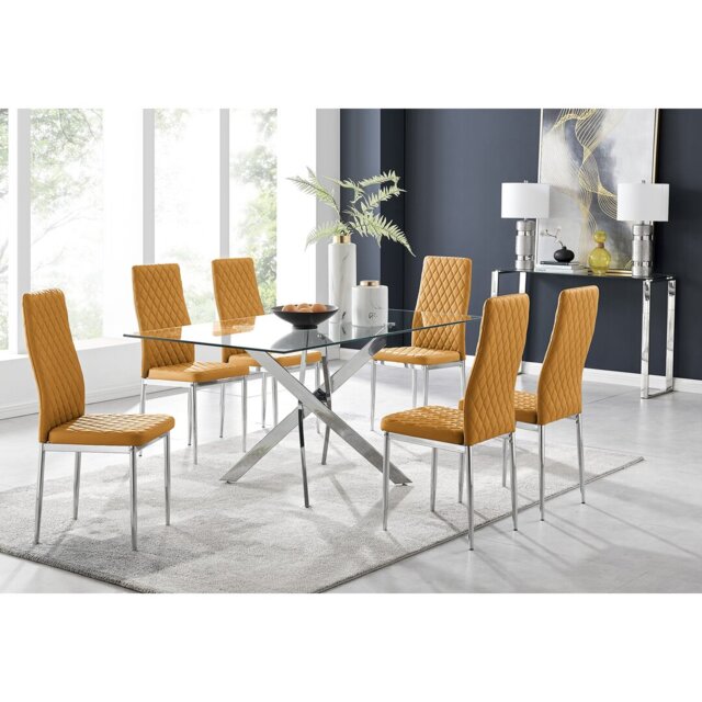 Lenworth Chrome and Glass Rectangular Dining Table Set with 6 Quilted Faux Leather Chairs