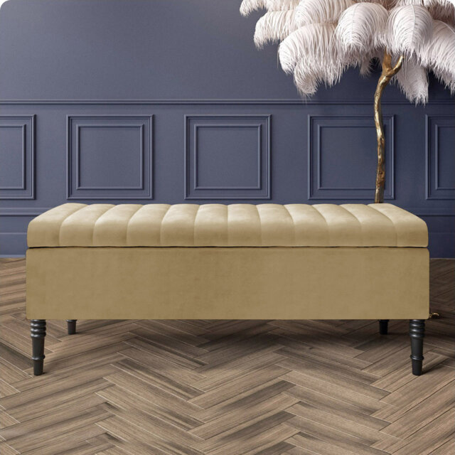 Paris Striped Ottoman Storage Bench - Upholstered Plush Velvet Shoes Bench with Black Turned Wooden Legs