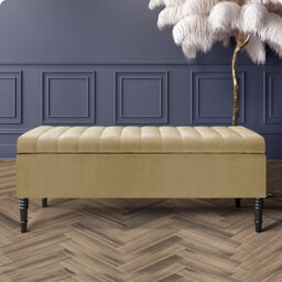 Paris Striped Ottoman Storage Bench - Upholstered Plush Velvet Shoes Bench with Black Turned Wooden Legs