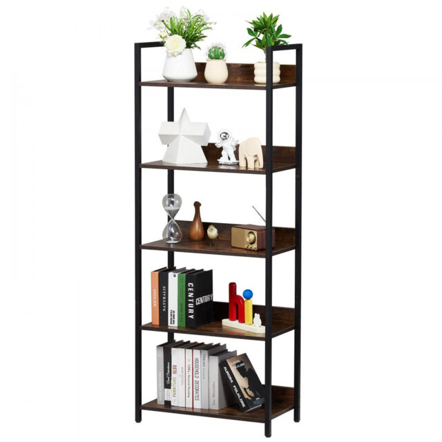Metal Bookshelf, 5-Tier Tall Industrial Bookshelf, Rustic Display Vintage Storage Bookcase with Open Shelves, Freestanding Display Shelving Unit Stora