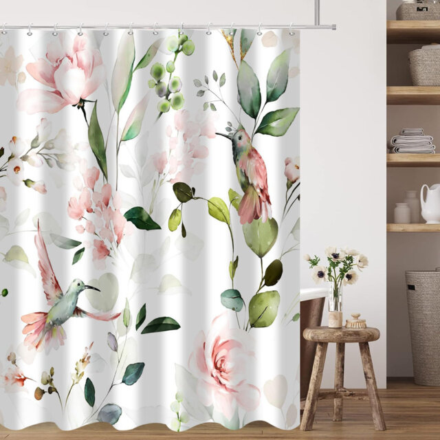 1PC Sage Green-Hummingbird Aesthetic Blooming Waterproof Bath Curtains with Hooks