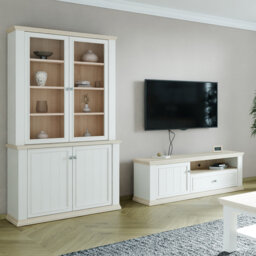 Modern cottage style display cabinet with 4 doors, engineered wood, light grey/light oak decor, 109.1 cm W x 202.1 cm H x 43.3 cm D